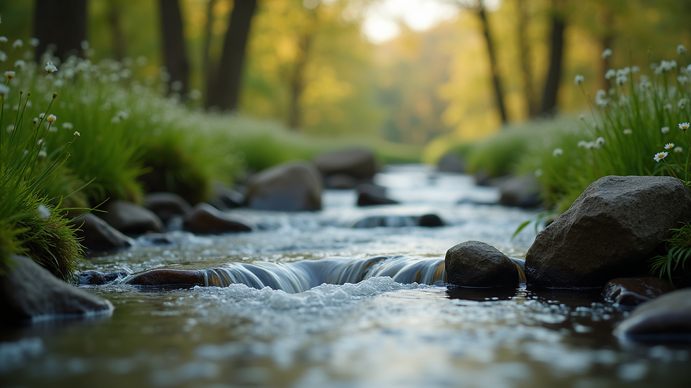 Close-up view of a serene nature scene with a flowing stream