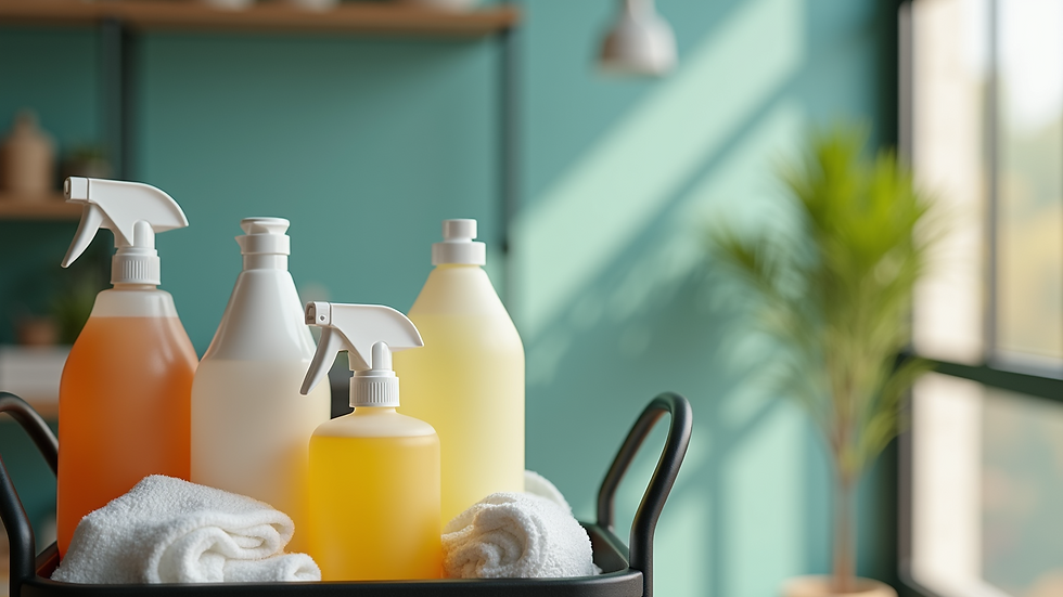 Close-up view of eco-friendly cleaning products and equipment on a cart