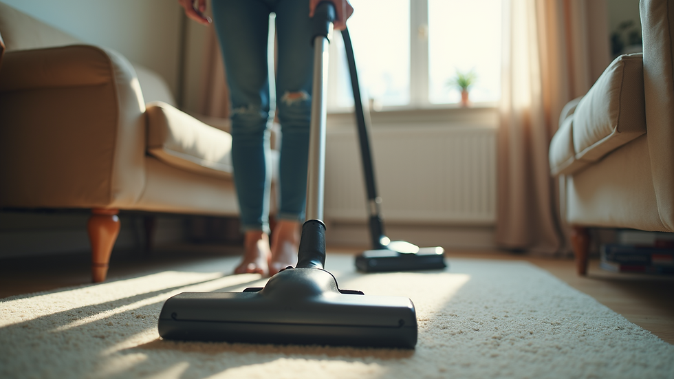 Eye-level view of a woman using a vacuum cleaner