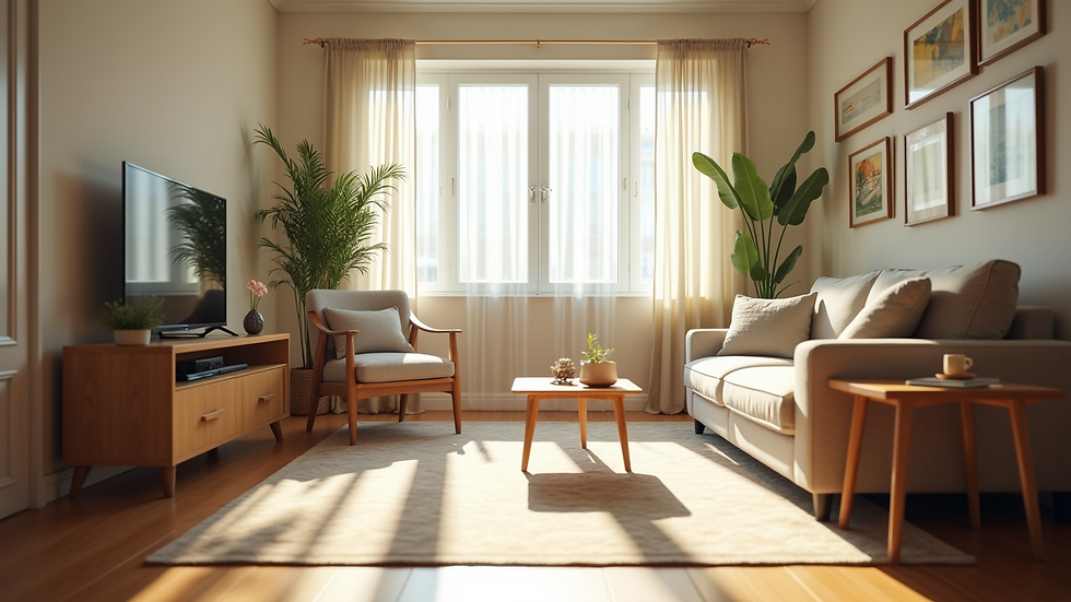 Eye-level view of a clean and organized living room with sunlight