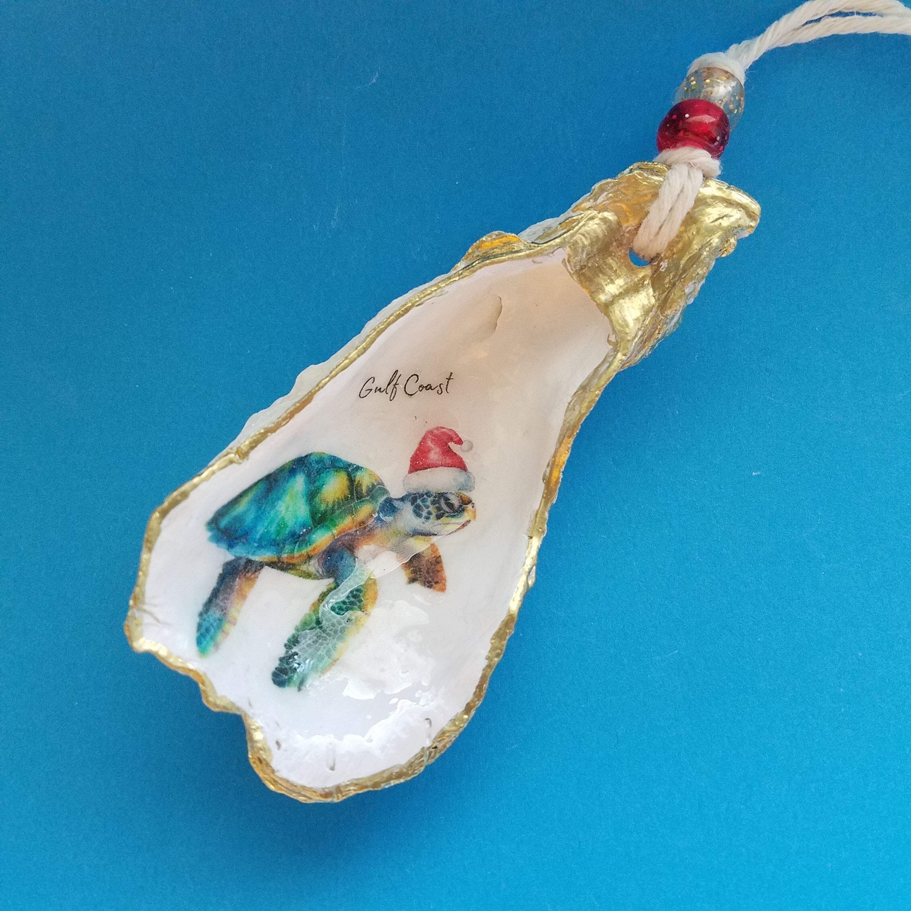 Oyster Shell Decoupage Ornament - Gulf Coast Christmas Sea Turtle in Santa Hat