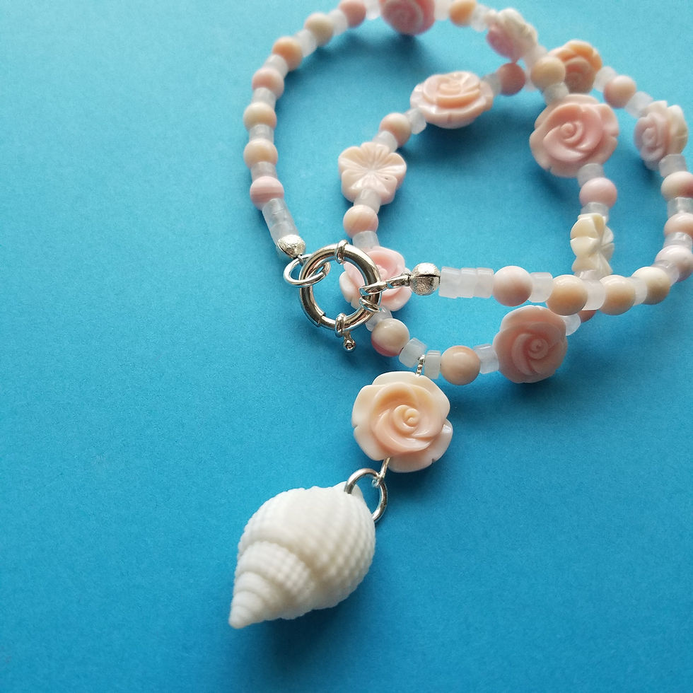 Thumbnail: Ocean Bloom Beaded Necklace — Queen Conch & Albino Nutmeg