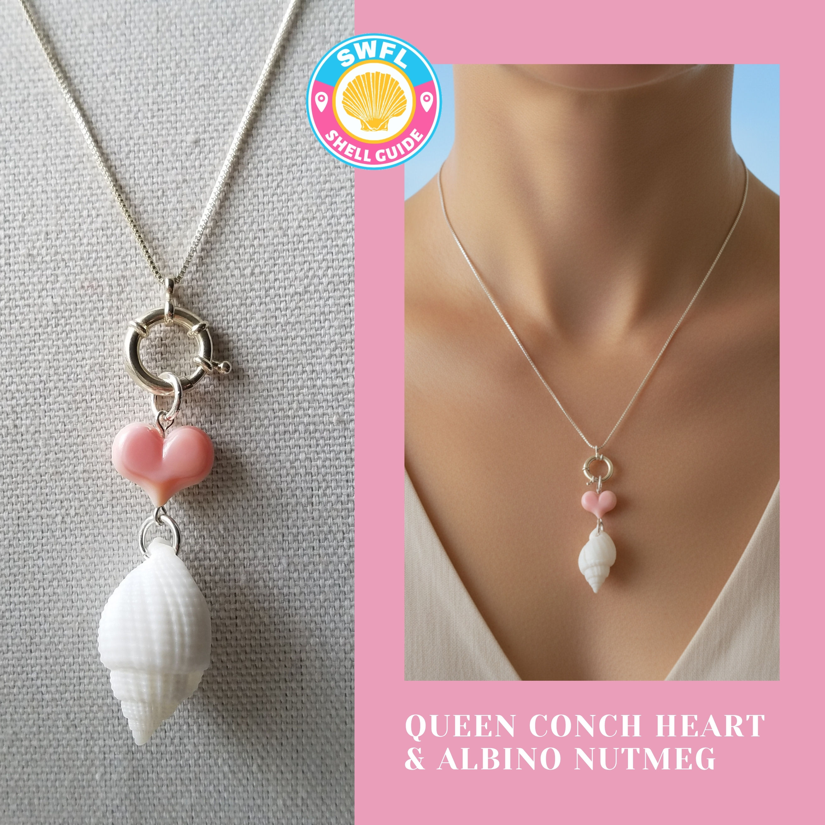 Pink Queen Conch Heart & Albino Nutmeg Shell Necklace