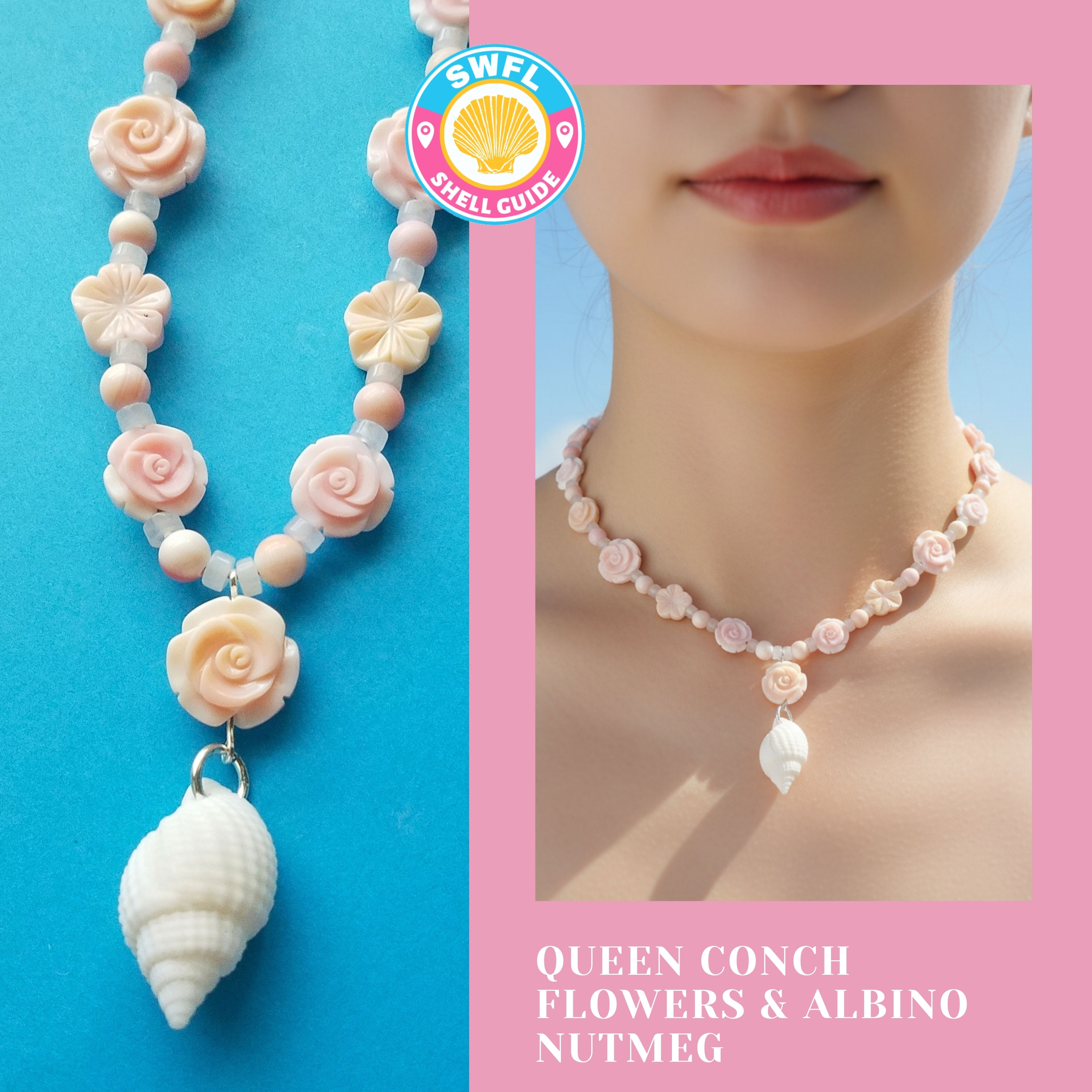 Ocean Bloom Beaded Necklace — Queen Conch & Albino Nutmeg