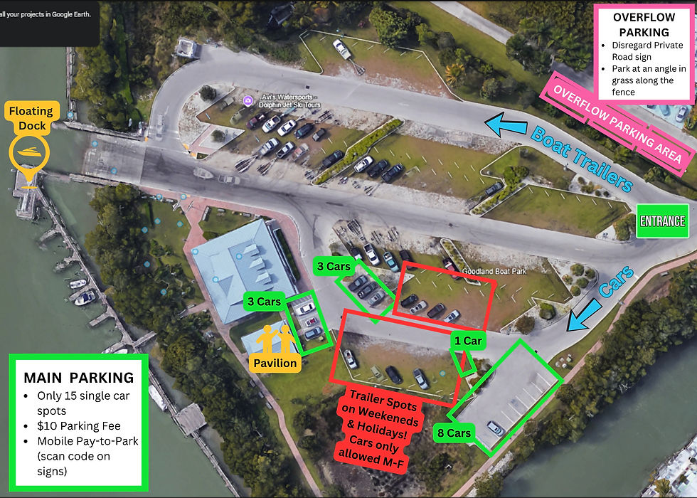 Where to park for SWFL Shell Guide boat shelling tours at Goodland Boat Park