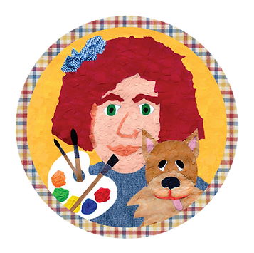 colorful paper collage of MommyO, host of Art to Know with MommyO vlog, holding a paint palette and a dog