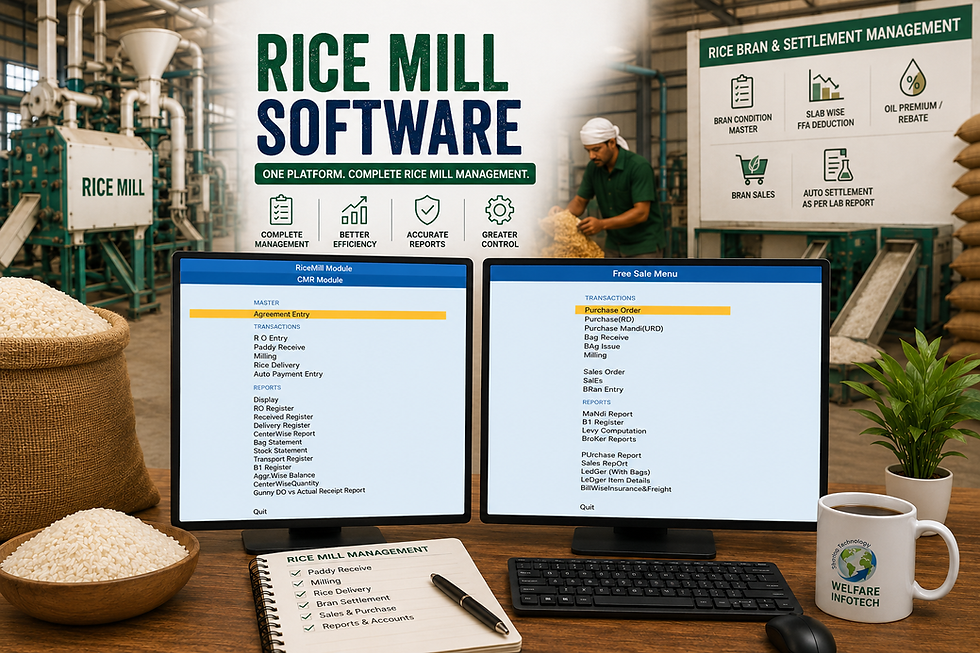 Rice mill software by Welfare Infotech for complete rice mill management, featuring CMR, milling, sales, purchase, settlement, accounting and reports.