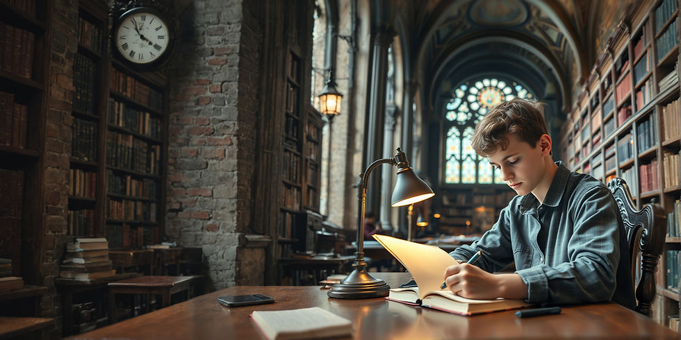 Teenage boy sitting at a desk writing in a notebook, inside a really large beautiful intri
