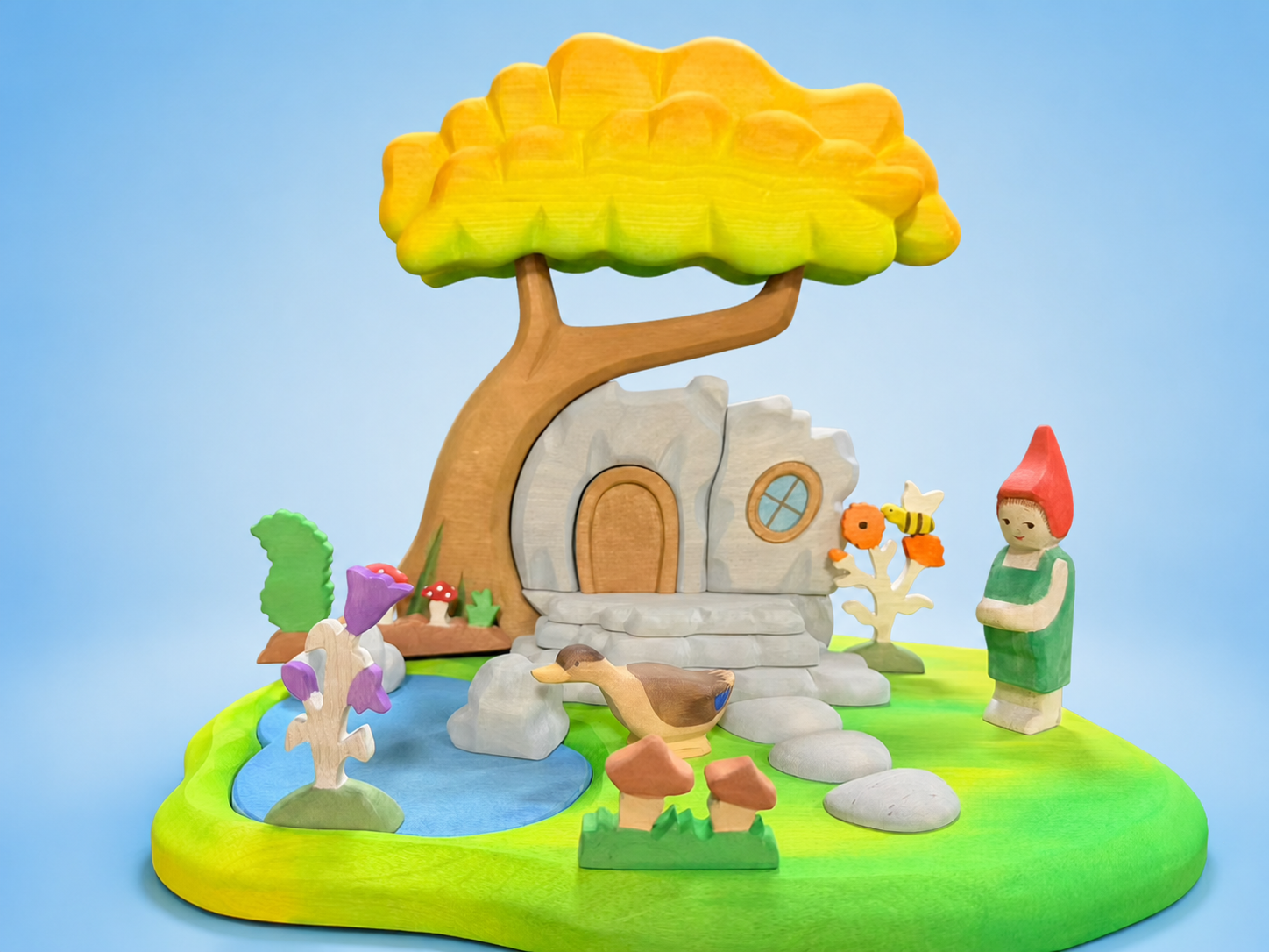 Handcrafted Wooden Fairy Tree House with Pond & Stepping Stone Path