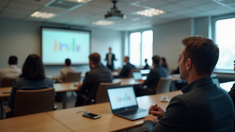 High angle view of a classroom with students attending a digital marketing course
