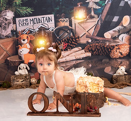 Phgoto of baby girl looking at camera while crawling behind her cake in front of a woodland backdrop in 1st Birthday Cake Smash Photoshoot East Yorkshire, Hull and North Lincolnshire.