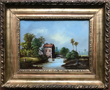 En termes de restauration de cette peinture du 19e la consolidation des déchirures et la pose d’une pièce à l’arrière de la toile ont permis de rendre le trou invisible.