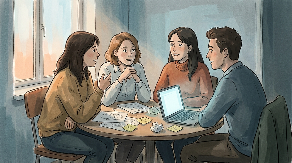 2D animated film illustration, thick visible gouache/watercolor-style brushstrokes, soft uneven edges, no hard outlines, hand-painted texture, visible paper grain, muted desaturated palette, analog film grain, 16:9. Three women and one man gathered around a small round table with mismatched chairs, sketches, sticky notes, and an open laptop scattered between them, mid-conversation, soft daylight spilling in from a nearby window, warm and cool tones mixing gently, candid collaborative energy, small creative team at work, faces visible, natural varied poses.