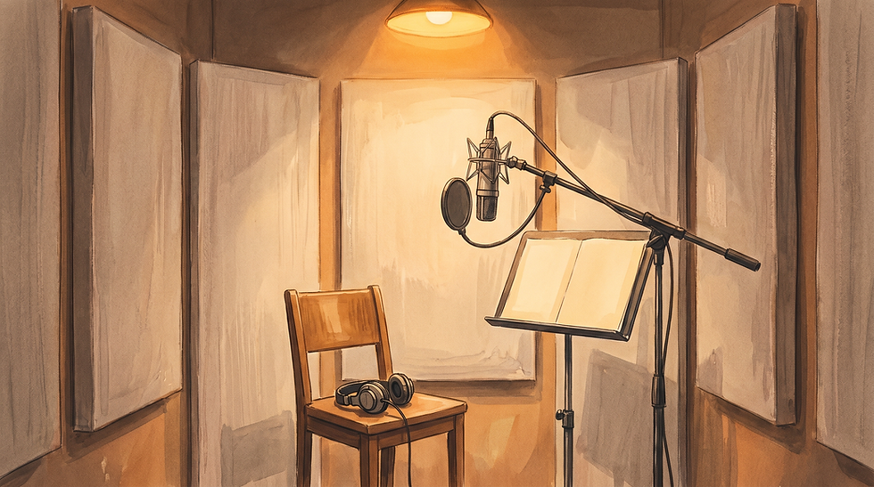 An empty professional recording booth interior. A chair sits vacant before a microphone on a boom stand, headphones resting on the chair. Pop filter in place, everything set up and ready but the booth is empty, nobody there. Warm amber light from above, acoustic panels lining the walls. A music stand with blank pages beside the microphone. Soft watercolor and gouache illustration, hand-painted digital art, visible brushwork and impasto texture, warm muted desaturated palette, amber and dusty cream tones, single warm interior light source, quiet contemplative atmosphere, full bleed no borders, illustrated never photorealistic, analog film grain, 16:9