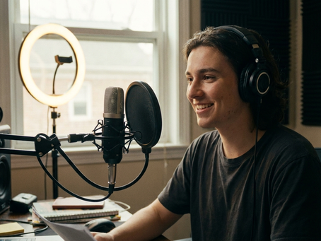 A young aspiring voice actor sitting alone at a home recording setup, USB microphone on a desk, ring light casting a warm glow, expression confident and eager. Cinematic photography aesthetic, shallow depth of field, muted warm tones, natural window light, 35mm film grain, moody shadows, photorealistic, 16:9.