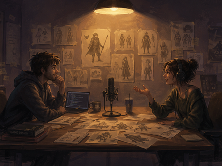 Young indie developer and a voice actor face each other across a studio desk, microphone between them, game character concept art sketches spread out on the desk and taped to the wall behind, single overhead lamp illuminating both figures, wide shot. 2D animated film illustration, soft painterly brushwork, no hard outlines, warm amber overhead spotlight cone against cool purple-gray room shadow, muted desaturated palette, visible brushstrokes, analog film grain, 16:9