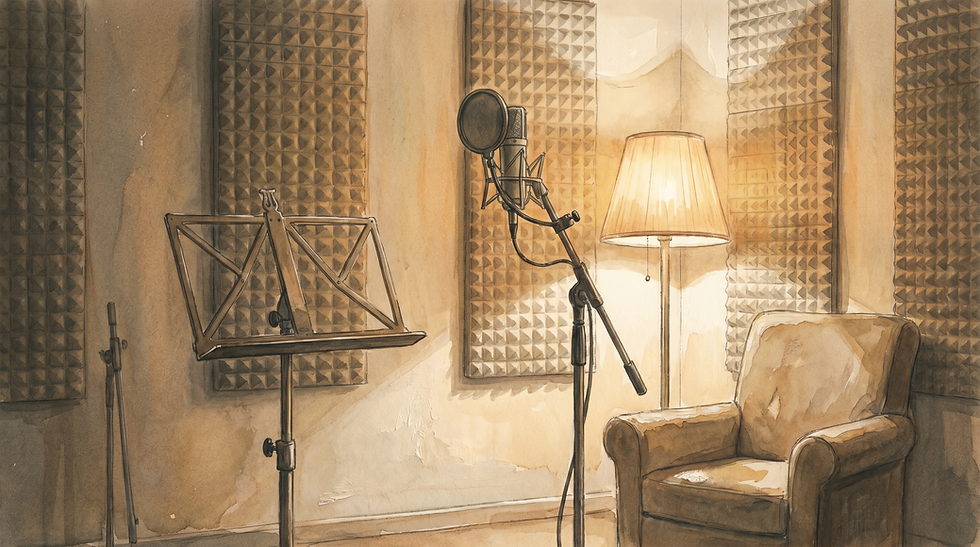 An empty music stand inside a warm recording studio, nothing resting on it. A professional microphone on a boom stand beside it, the stand completely bare — no script, no direction, nothing to reference. Warm amber light from a single lamp, acoustic foam panels on the walls. A chair nearby also empty. Quiet and still. No people, no text. Soft watercolor and gouache illustration, hand-painted digital art, visible brushwork and impasto texture, warm muted desaturated palette, amber and dusty cream tones, single warm interior light source, quiet contemplative atmosphere, full bleed no borders, illustrated never photorealistic, analog film grain, 16:9