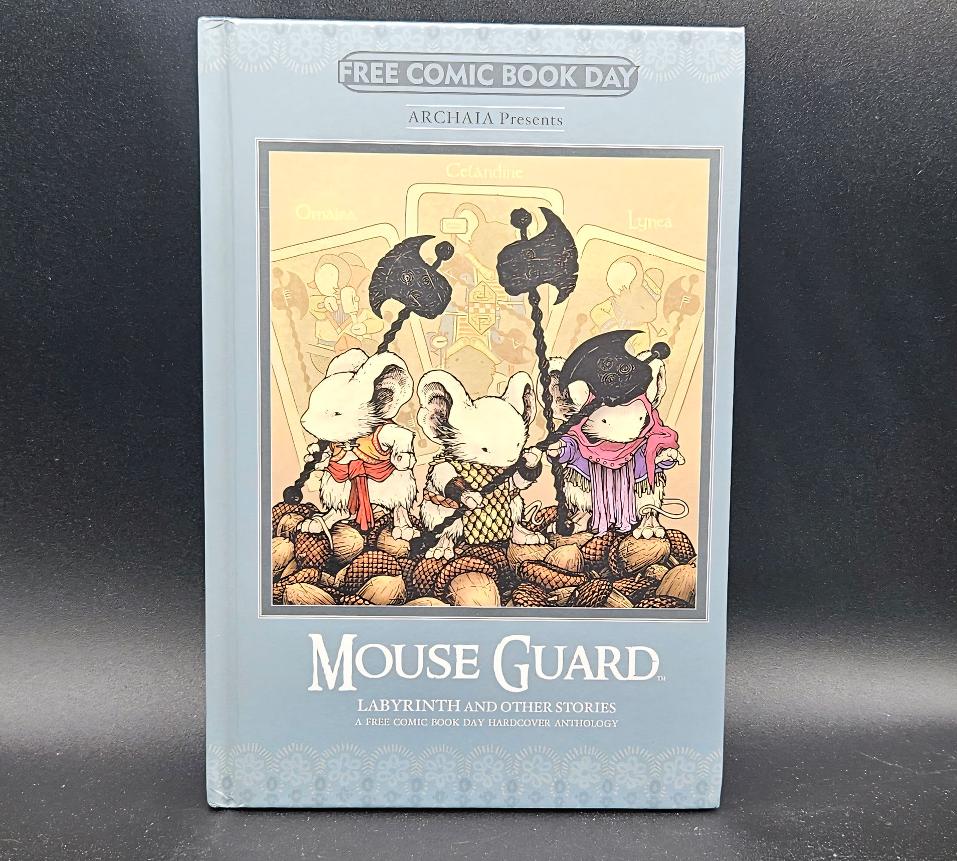 Mouse Guard book cover featuring three mice with spears. Mouse Guard - Book illustration and title.