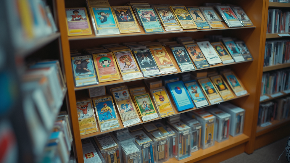 Eye-level view of a trading card shop shelf filled with sports and Pokémon cards