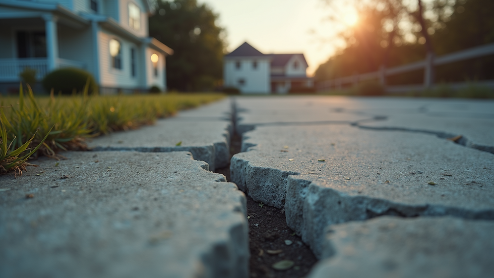 High angle view of a cracked concrete foundation near a house