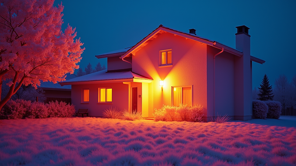 Eye-level view of infrared camera capturing heat patterns on a house wall