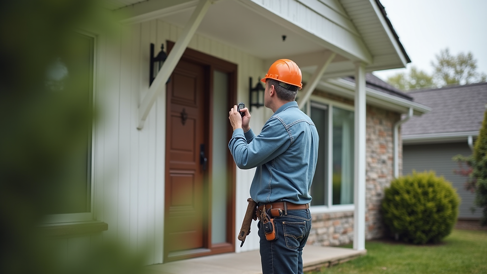 Eye-level view of a home inspector examining a house exterior