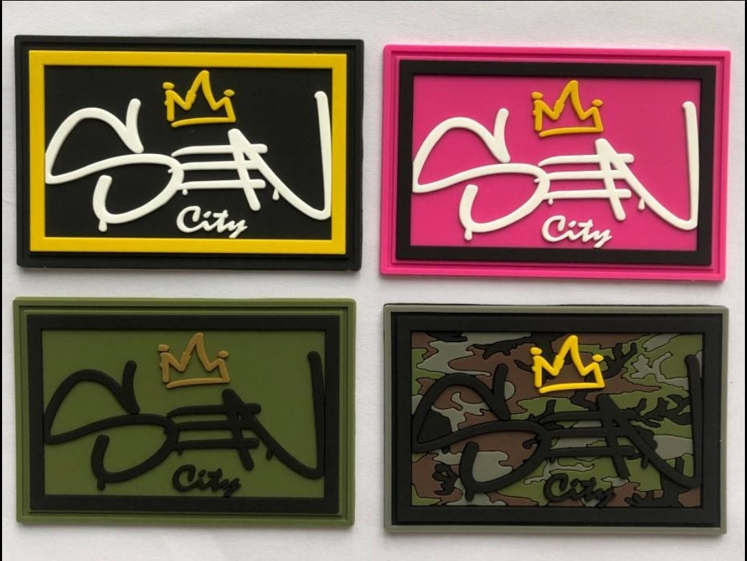Sen City Apparel patches: black, pink, green, camo