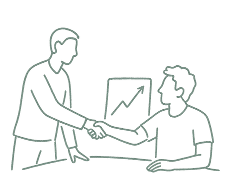 Green line drawing of a business consultant shaking a clients hand