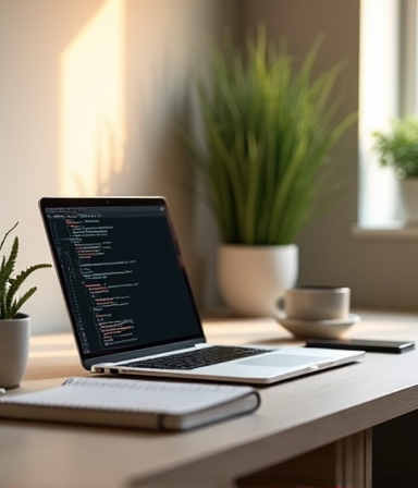 Modern workspace setup with laptop and development tools