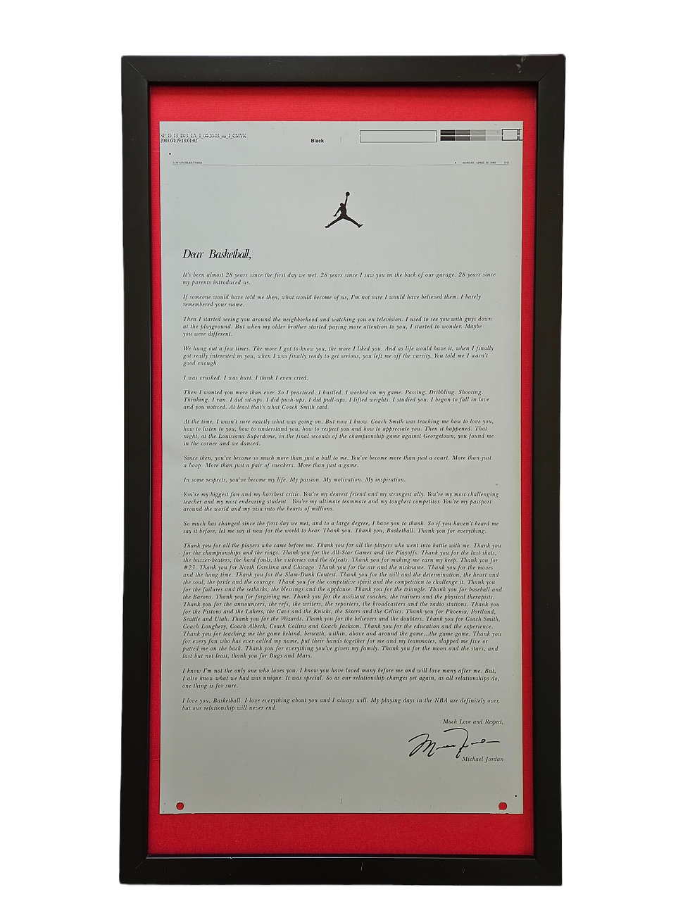 Thumbnail: Matrice Plate LosAngeles Times 20th April 2003 "Dear Basketball" M. J 1/1