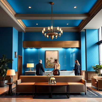 guests checking in to 2-3 star hotel lobby with blue color tones.jpg