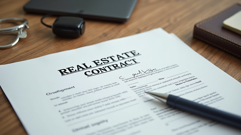 High angle view of a signed real estate contract on a wooden table