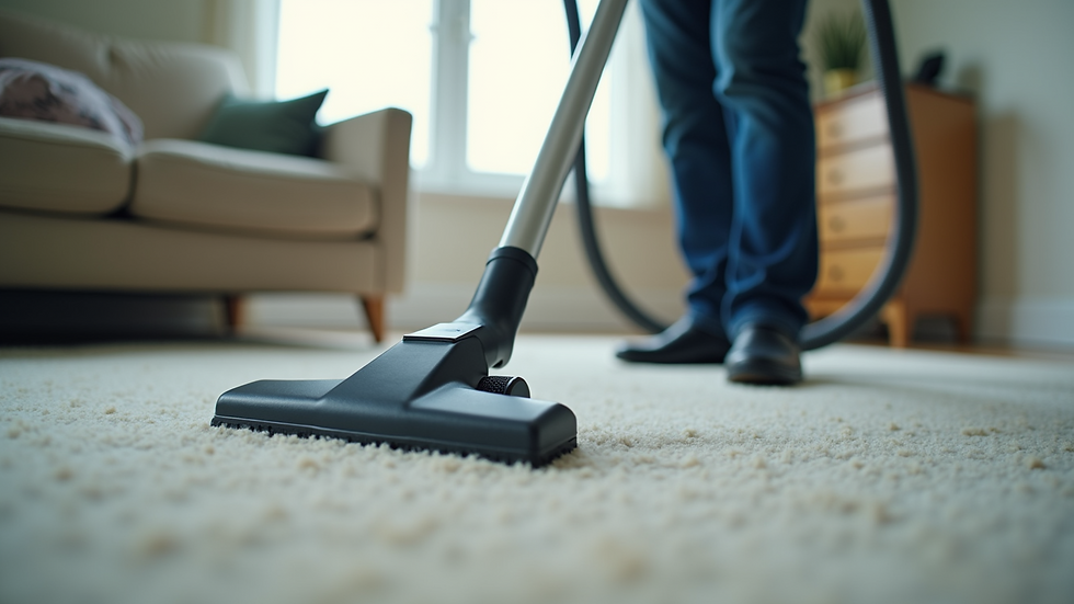Close-up view of a professional cleaner using a vacuum on carpet