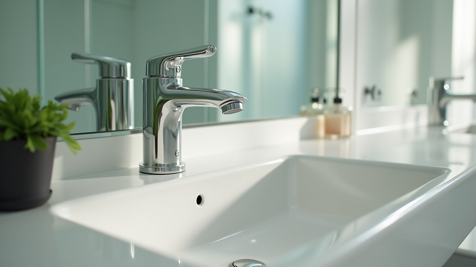 Eye-level view of a pristine bathroom sink and mirror after professional cleaning