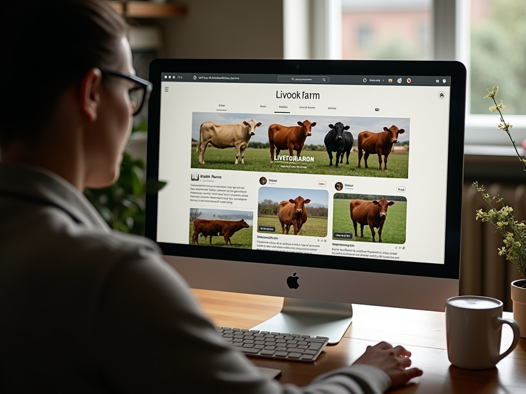A person views a livestock farm website on a desktop computer, showing photos of cattle in a field.