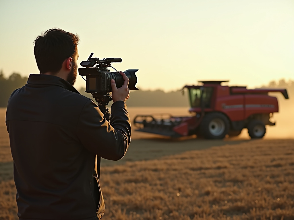 A videographer films a red combine harvester working in a field at sunset.