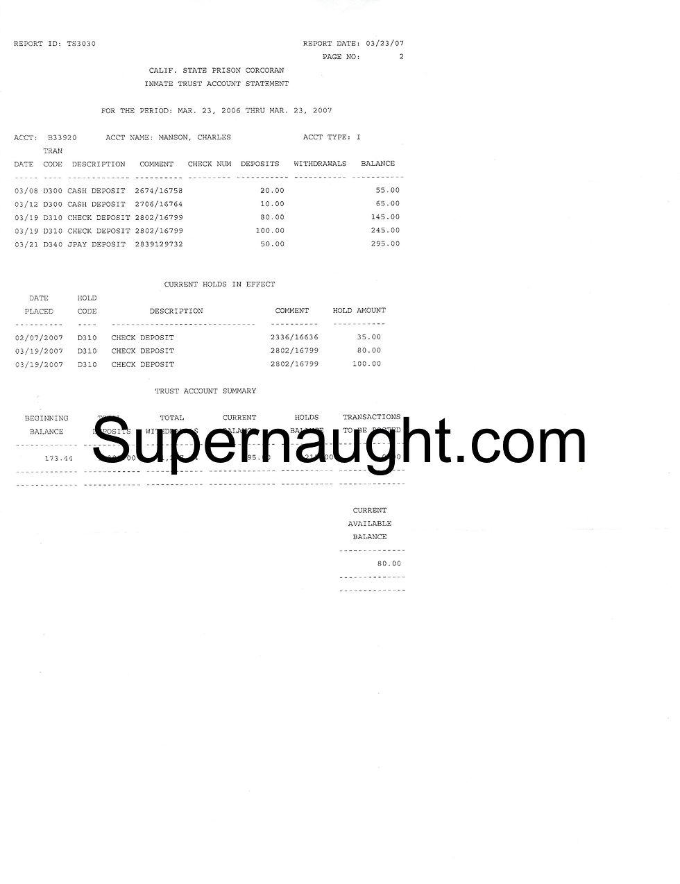 Charlie Manson trust account