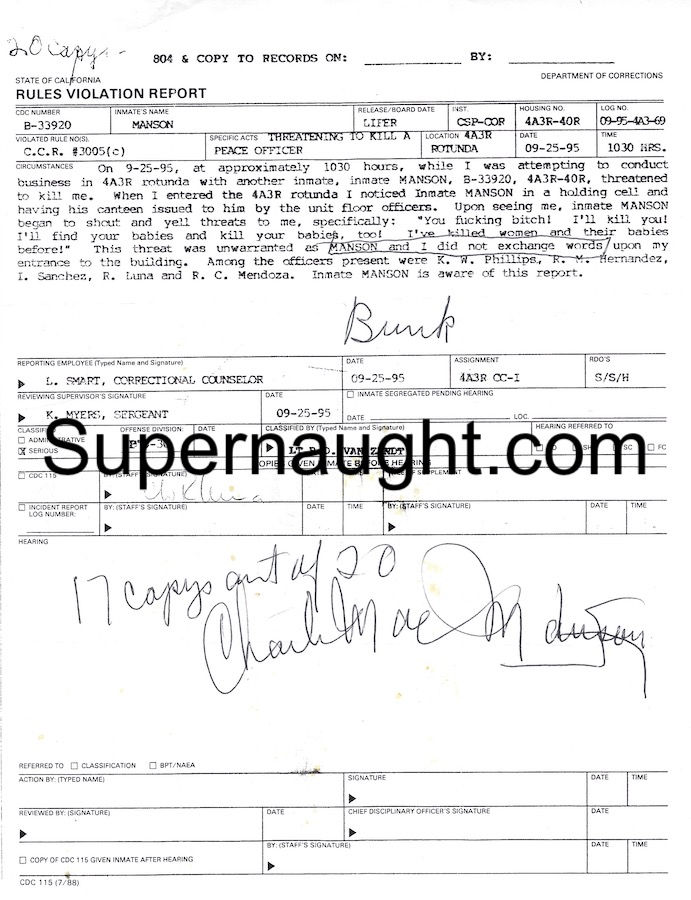 charles manson autograph