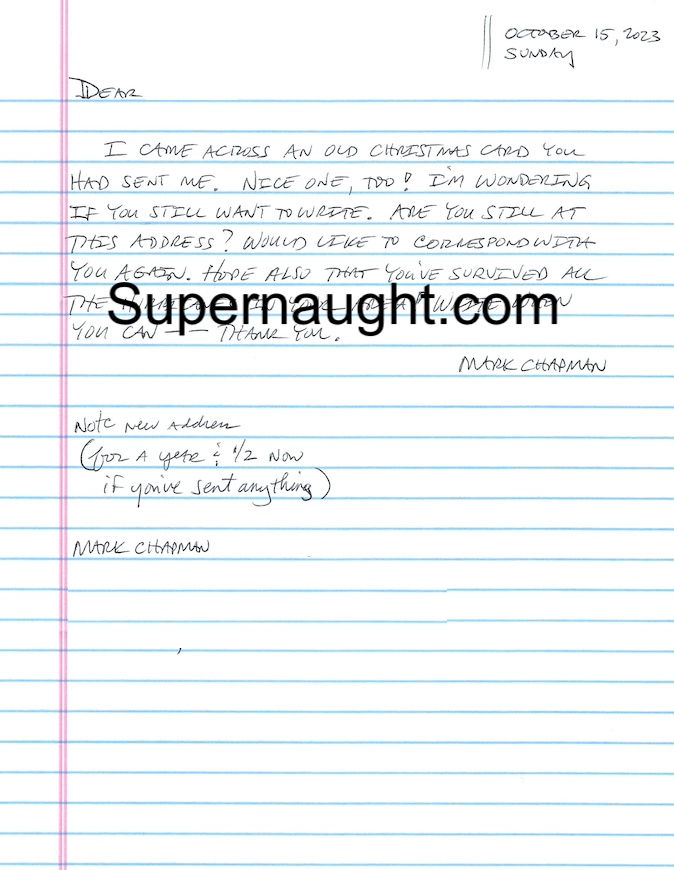 mark david chapman signed letter