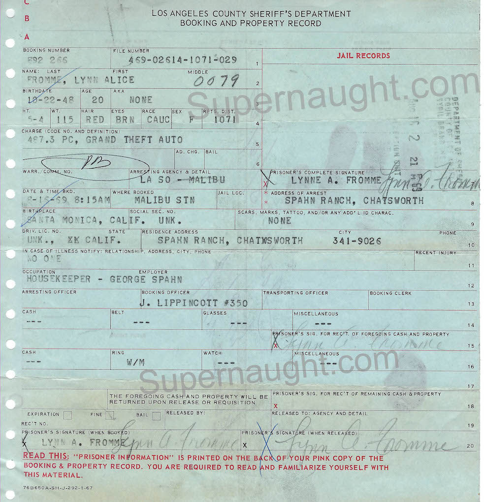 Lynette Fromme 1969 booking  and property record