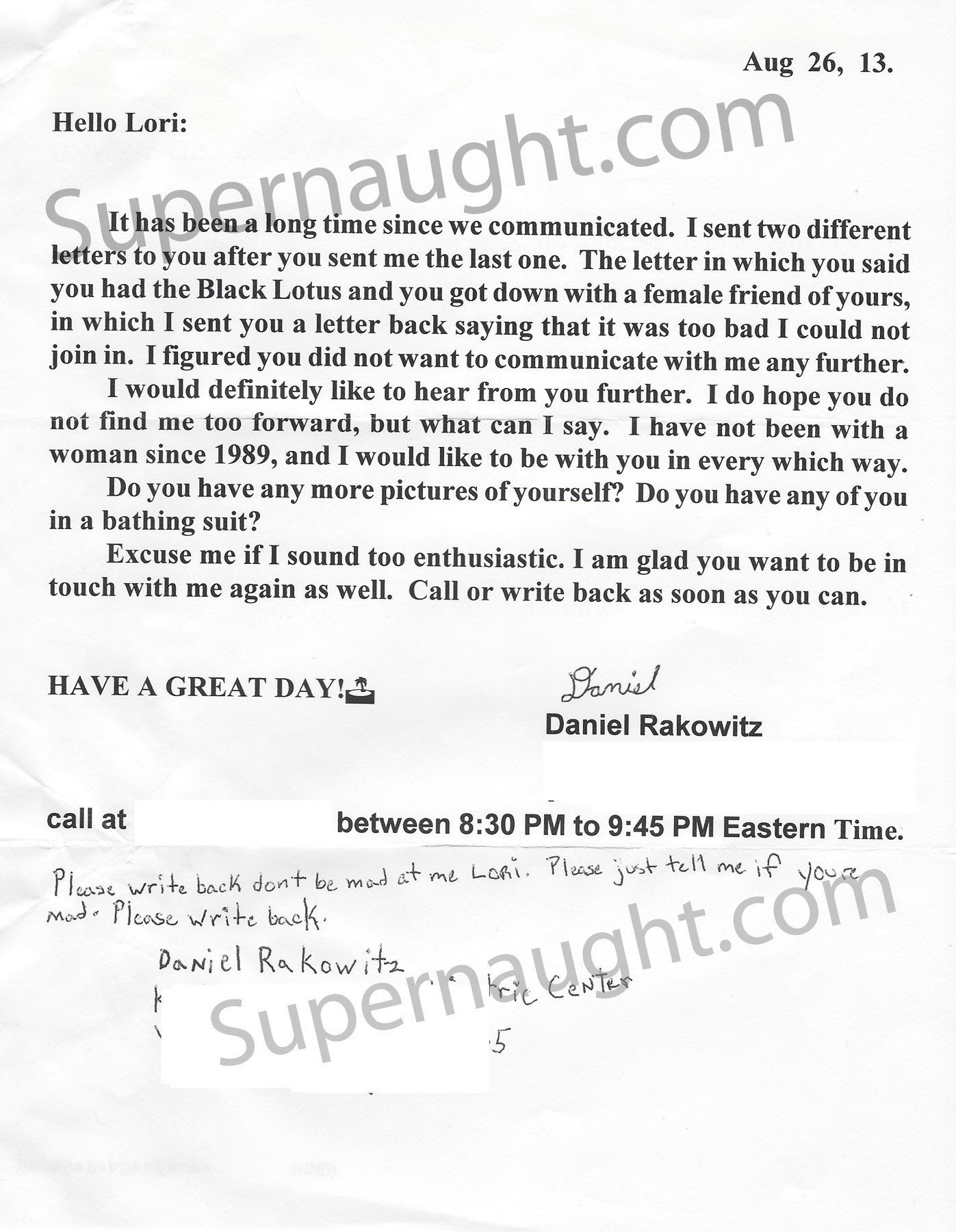 Daniel Rakowitz Letter