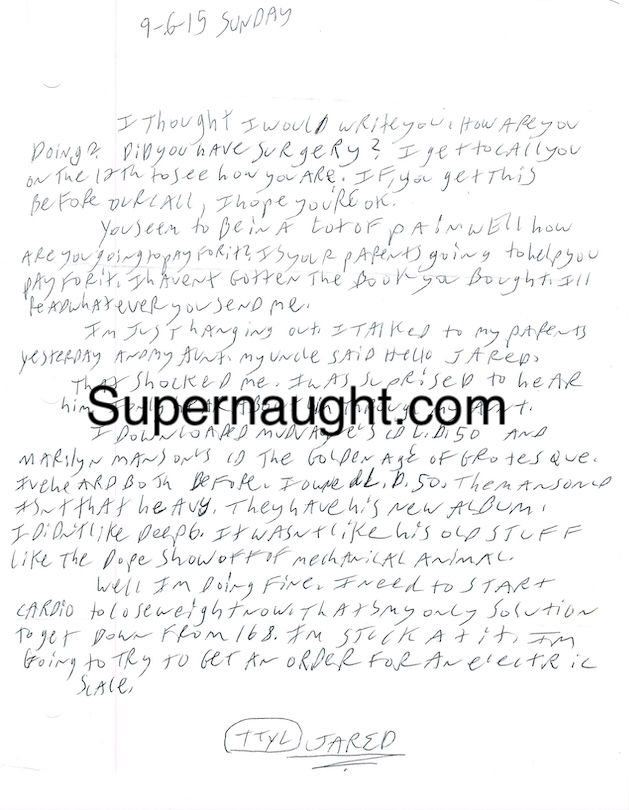 jared loughner signed letter and envelope both signed