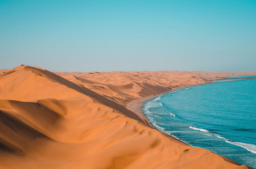 Namib Desert dunes meeting the Atlantic Ocean coast.
