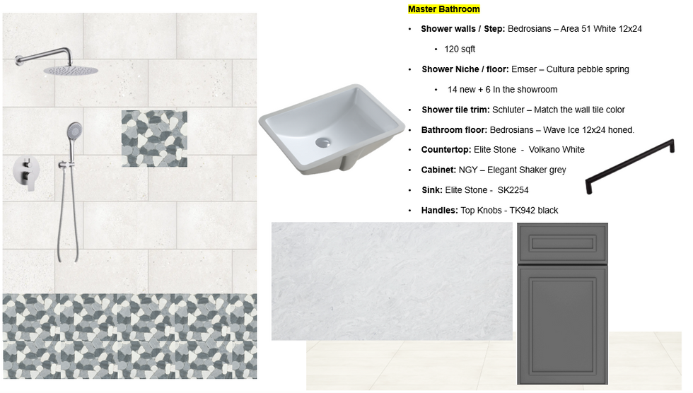 Flat lay of non-slip shower floor mosaics and wall tile samples for a renovation project.