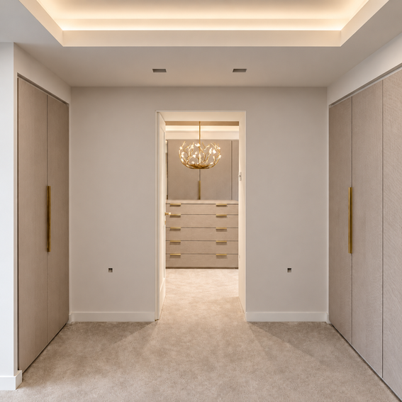Walk-through dressing room with bespoke wardrobes and recessed ceiling lighting.