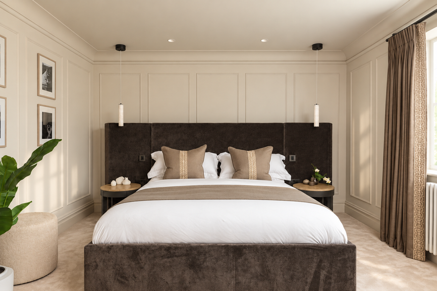 Daylit principal bedroom with a dark upholstered bed, neutral textiles and full-length trimmed curtains.