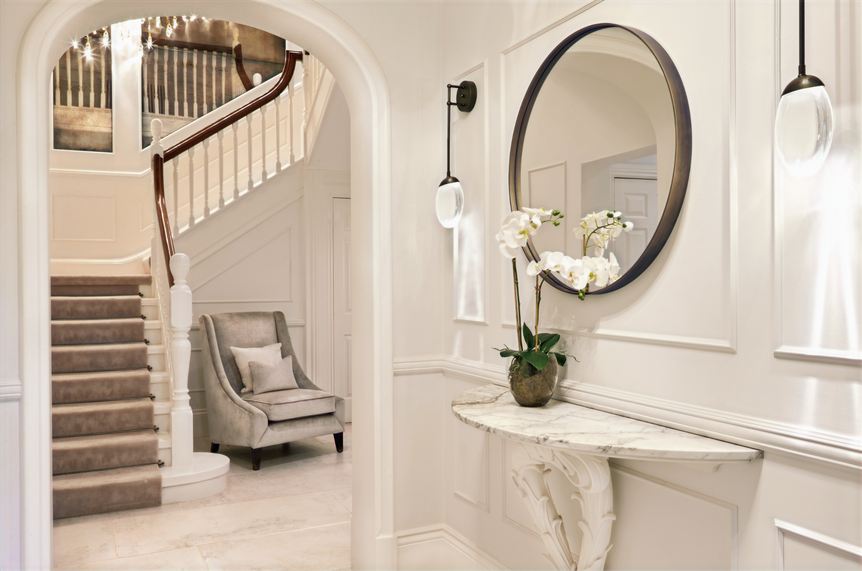 Victorian Grand entrance hall with contemporary wall paneling design