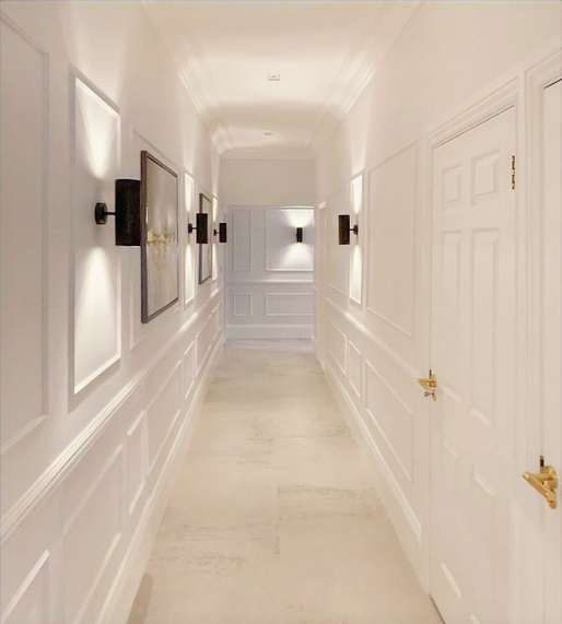 Contemporary design Victorian hallway featuring porcelain tiles, designer lighting and wall paneling