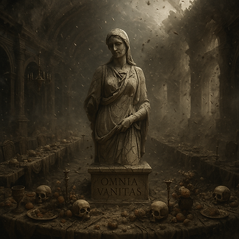 Crumbling stone statue in ruined cathedral – cinematic dark ambient artwork by MHR Produce