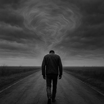 Lone figure beneath swirling storm clouds – cinematic existential artwork by MHR Producer.